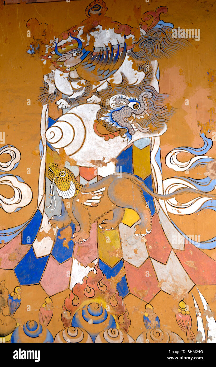 Mural painting illustrating the ancient Tibetan Buddhist three victorious creatures of harmony. Stock Photo