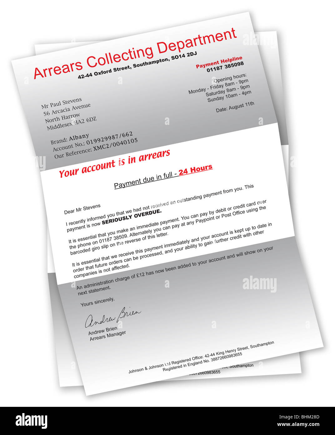 Collection Agency Letter due to unpaid/bad debt Stock Photo