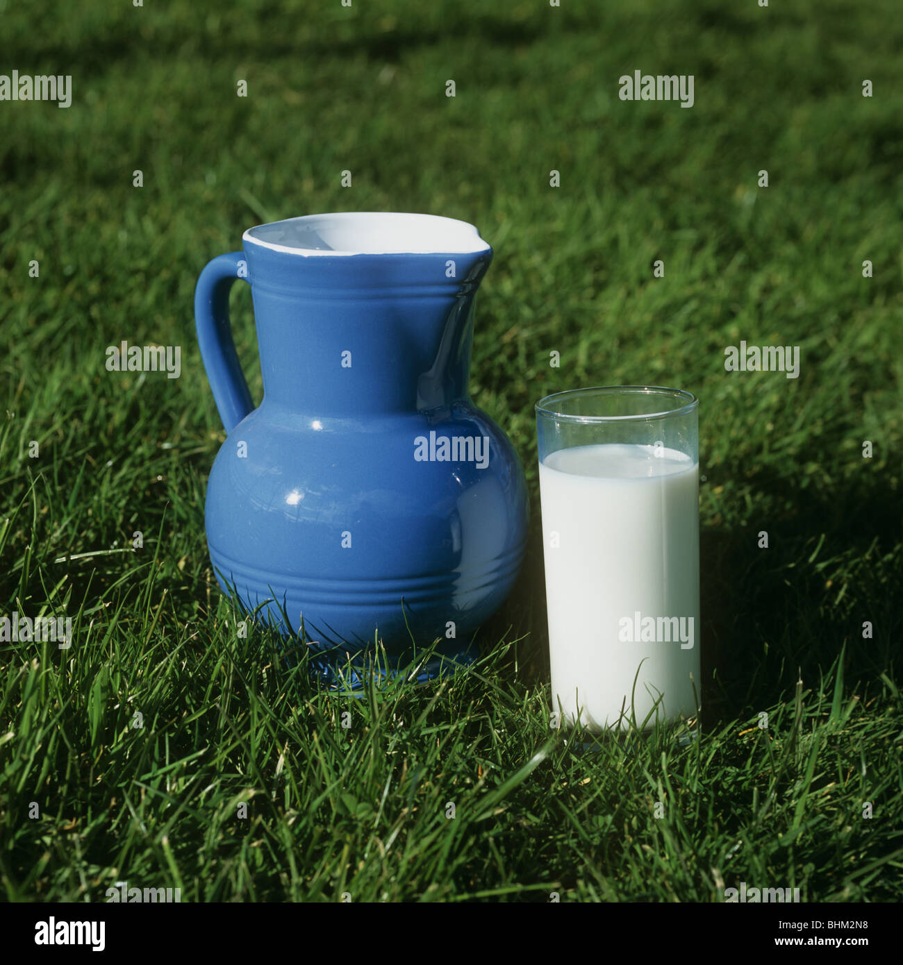 A blue and white jug and a glass of milk standing in a grass pasture Stock Photo