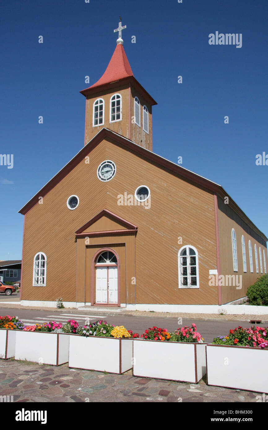 Church in the town center at Miquelon (France) in the Laurentian Channel S of Newfoundland Stock Photo