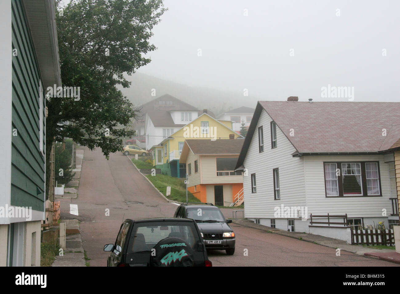 Colorful buildings in the fog at St Pierre, SPM (France) Stock Photo