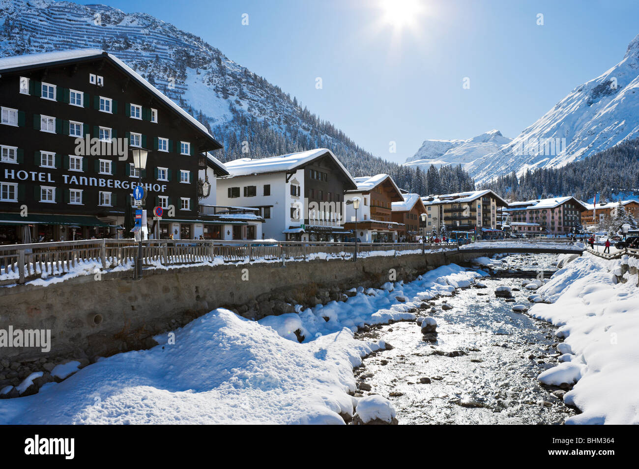 River in the centre of the resort of Lech, Arlberg ski region, Vorarlberg, Austria Stock Photo