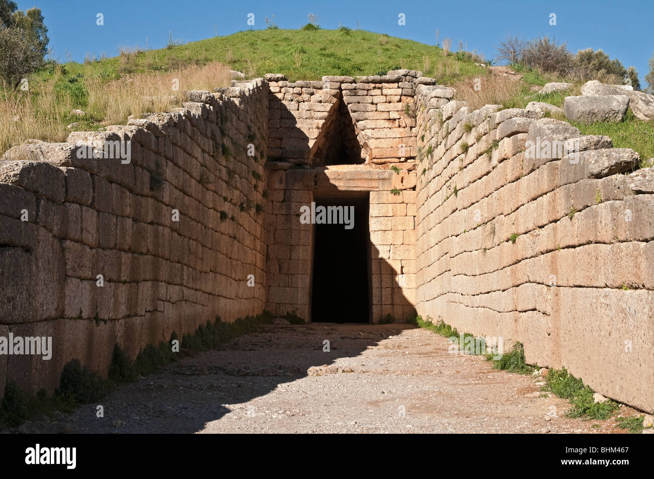 Entrance to the Treasury of Atreus a mycenean tholos, beehive tomb; at Mycenae; Argolid, Peloponnese, Greece Stock Photo