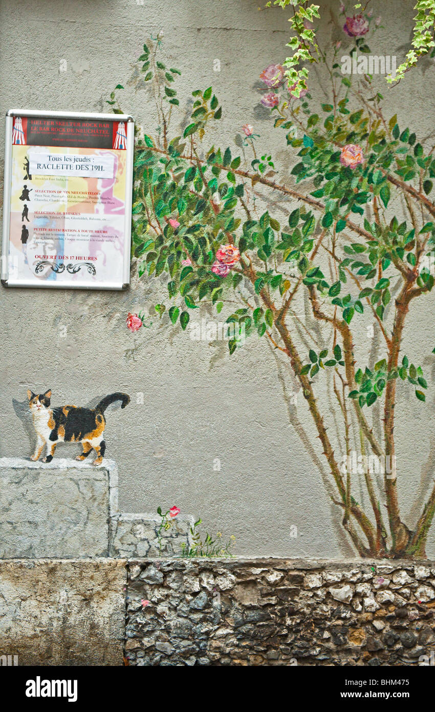 A wall mural of a cat and rose bush Stock Photo