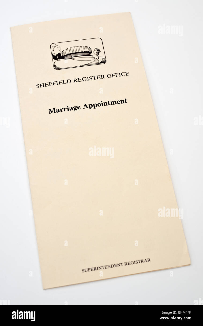 Sheffield register office marriage appointment card Stock Photo