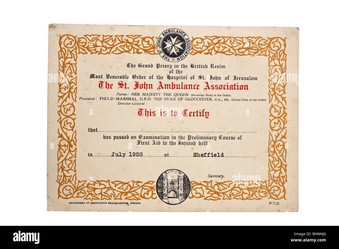St John ambulance Association Certificate dated July 1958 Stock Photo