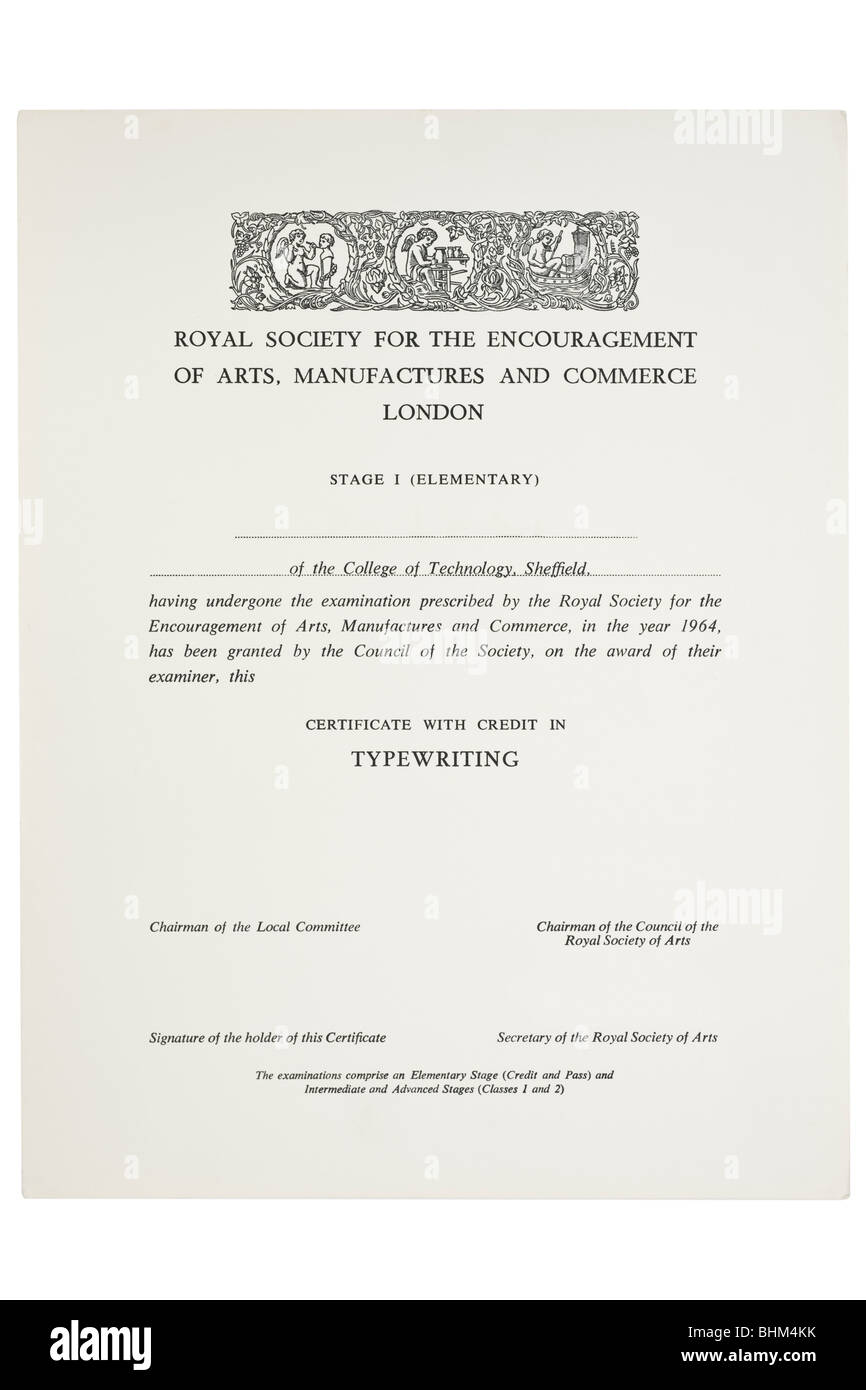Certificate credit for typewriting from the Royal Society for the encouragement of arts, manufacturers and commerce Stock Photo