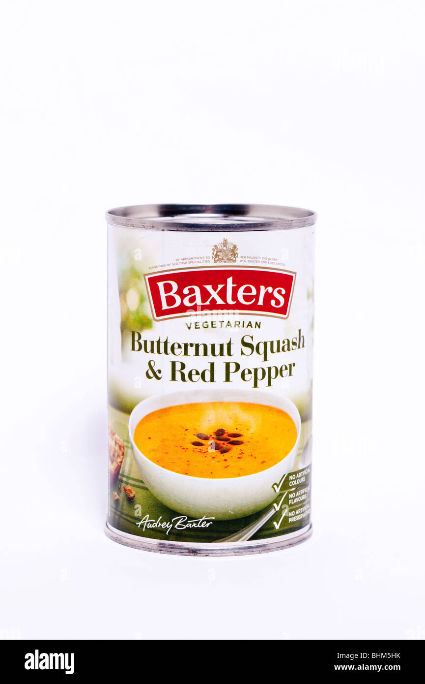 A tin of Baxters vegetarian butternut squash & red pepper soup on a ...