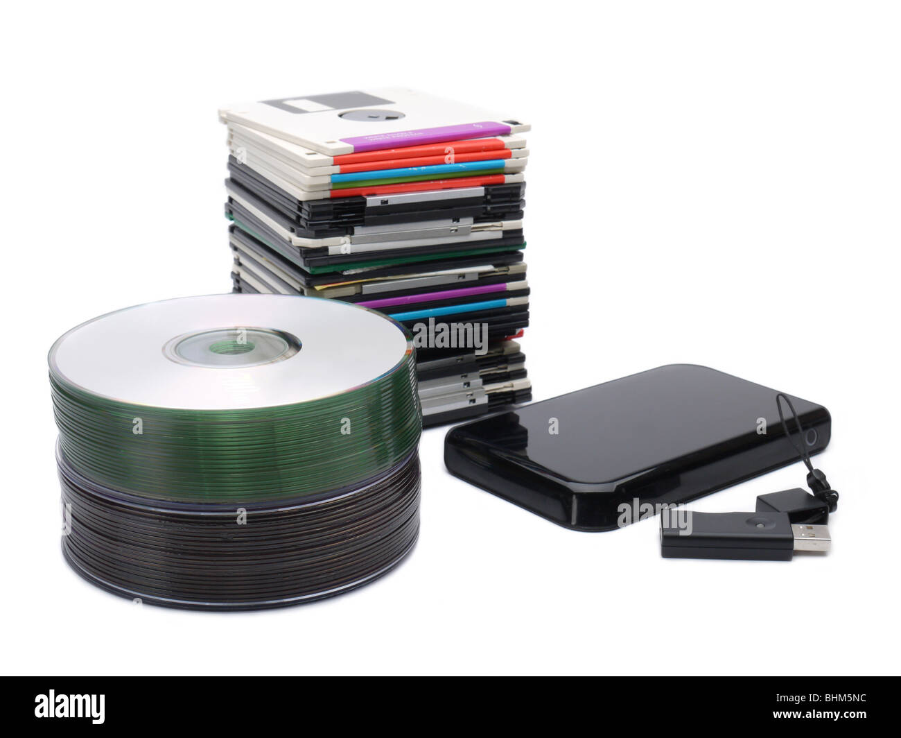 Pile of floppy disks, cd-roms, external hard drive and pen drive over white Stock Photo