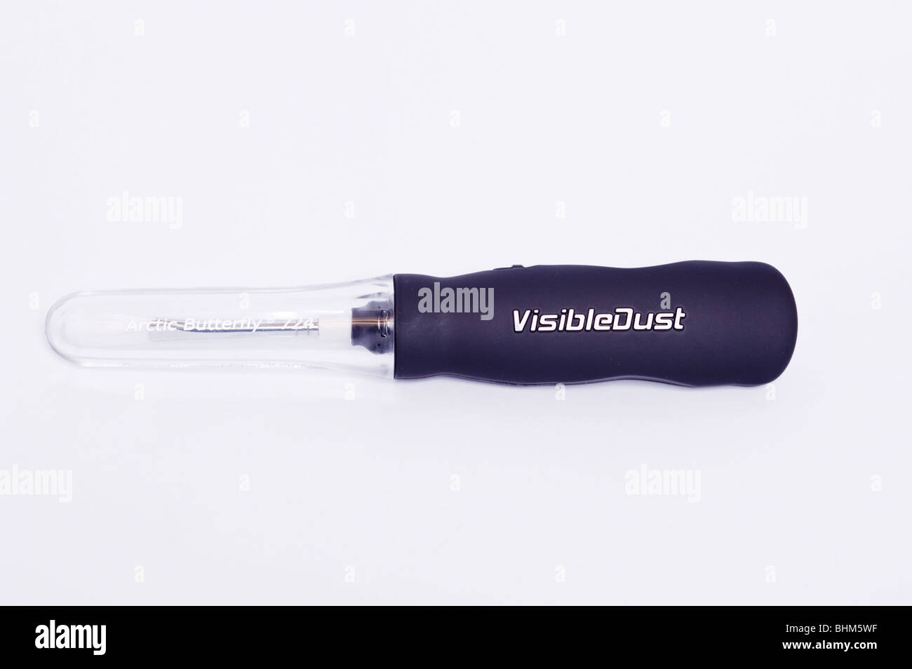 An Arctic Butterfly VisibleDust electric brush for cleaning the sensor on a digital DSLR camera on a white background Stock Photo