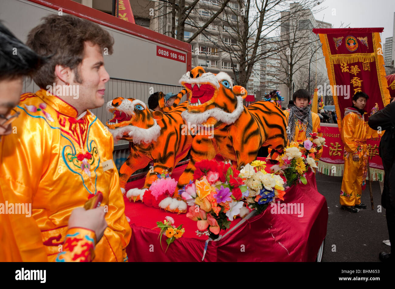 Paris, France, Chinese Float 'Year of the Tiger' in 'Chinese New Year' Carnival in Chinatown Stock Photo