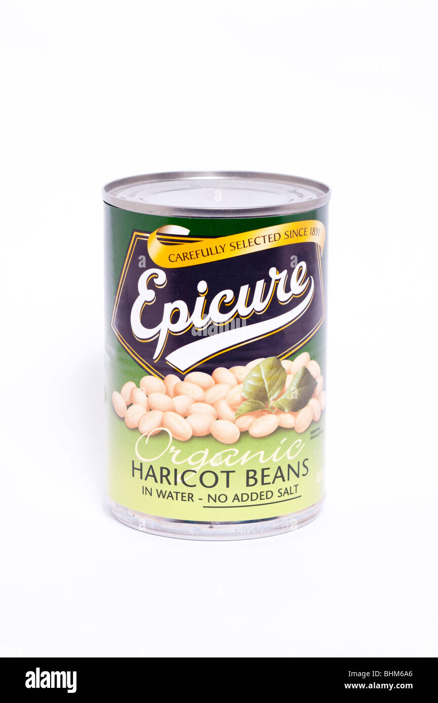 A tin of organic haricot beans on a white background Stock Photo