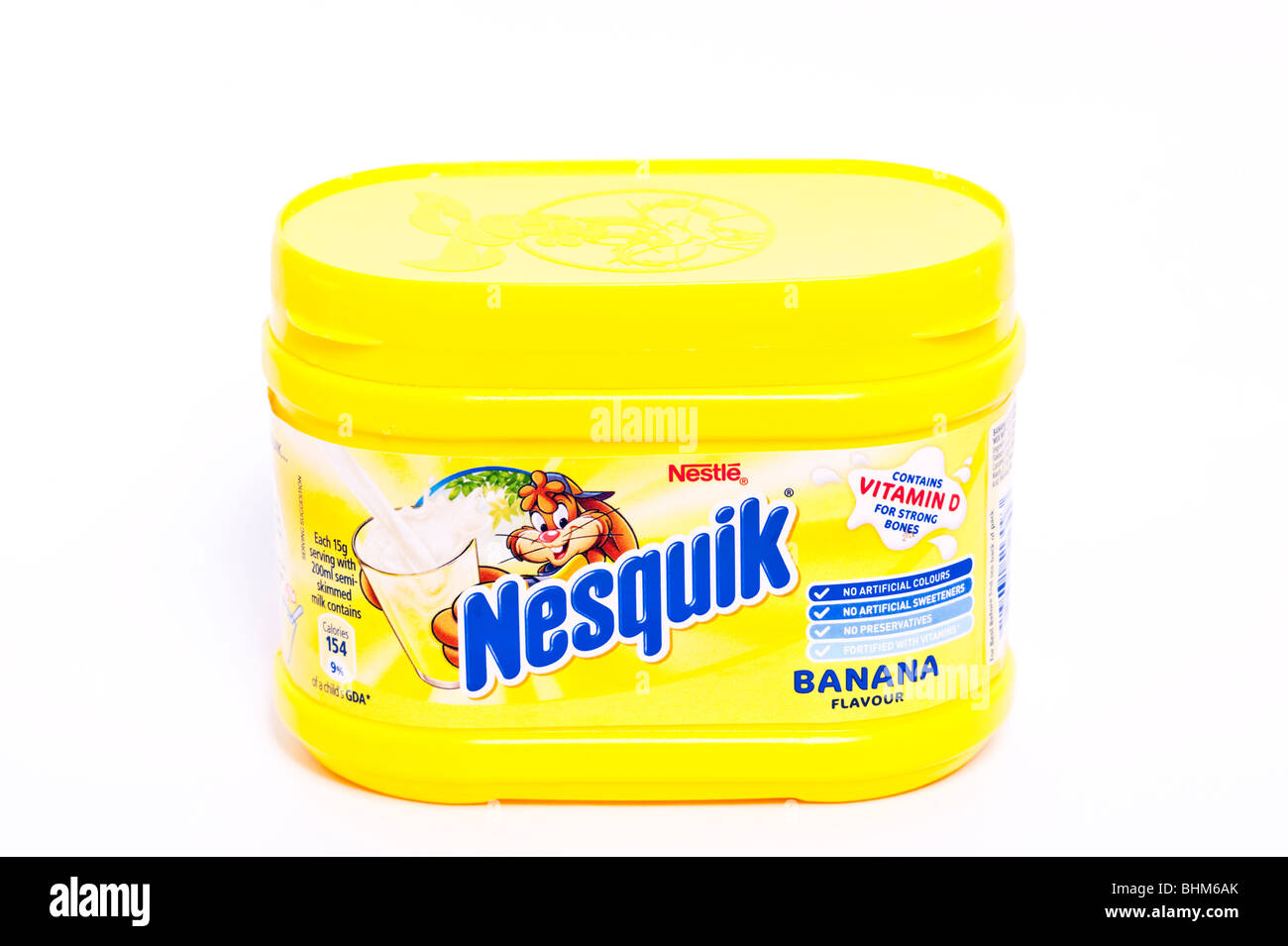 A tub of Nestle Nesquik banana flavour milkshake mix on a white background Stock Photo