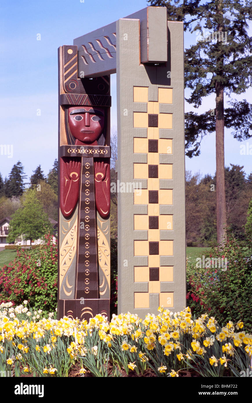Coast Salish Totem Gateway, Stanley Park, Vancouver, BC, British Columbia, Canada - Brockton Point, Spring Stock Photo