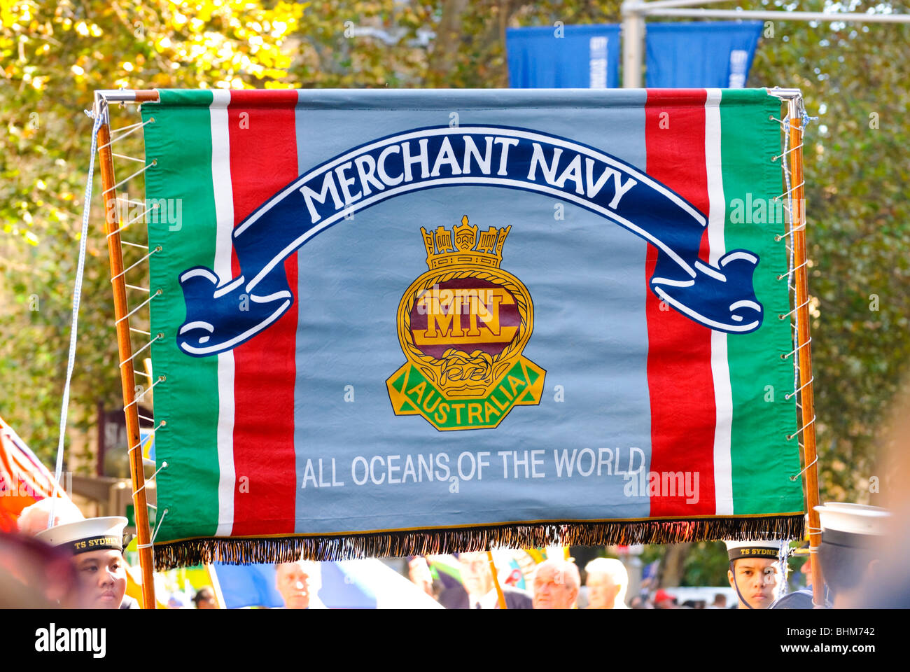 Merchant navy banner during the ANZAC Day parade, Sydney, Australia Stock Photo