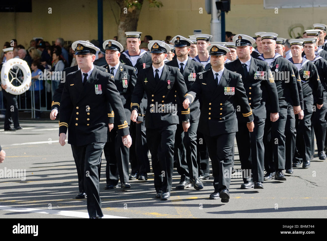 Sailors marching in uniform in the ANZAC day parade in Sydney, Australia. Uniformed sailors marching; military parade; Australia ANZAC Day; ANZACs Stock Photo