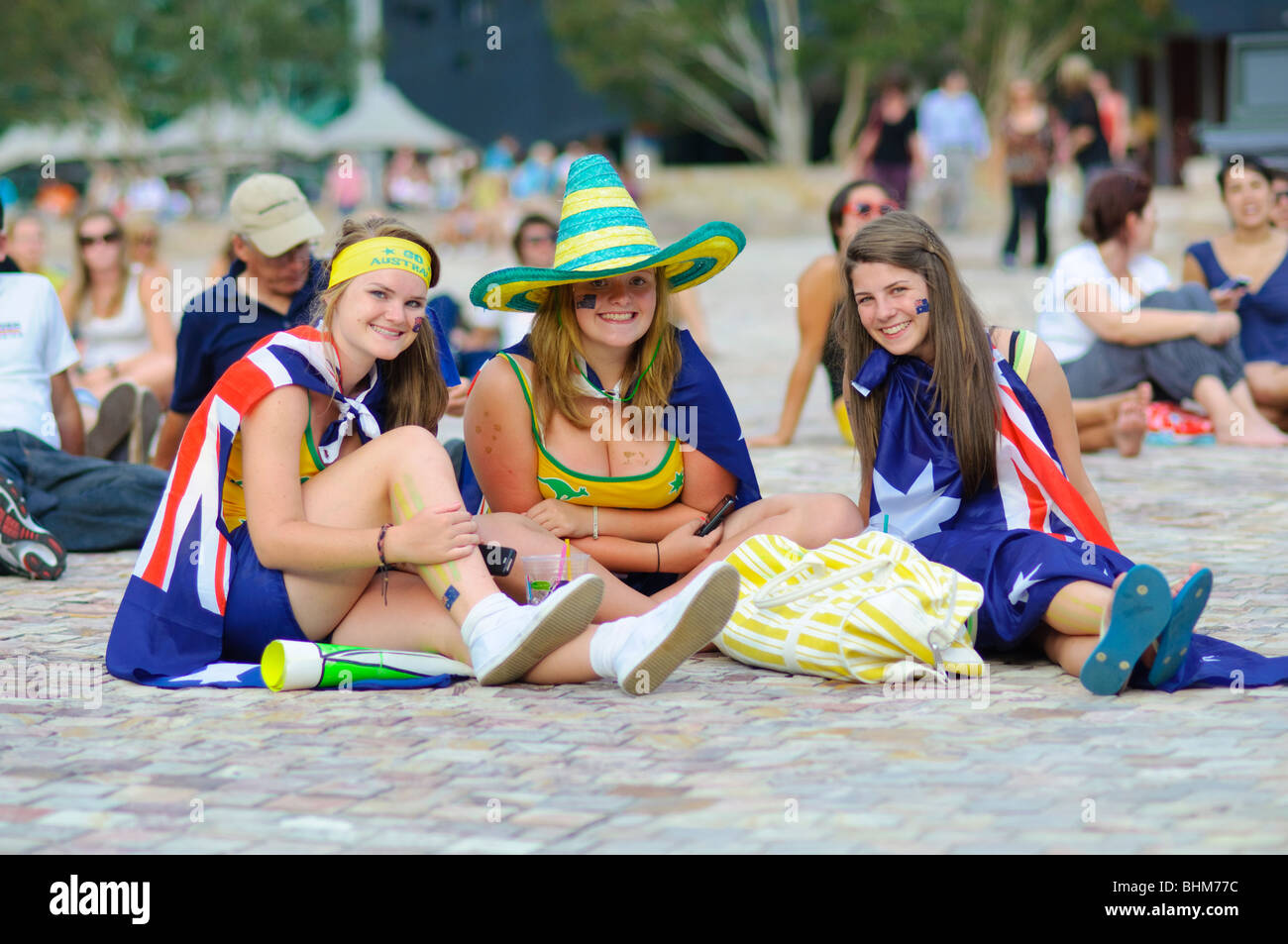 Young female tennis fans dressed in Australian colours Stock Photo