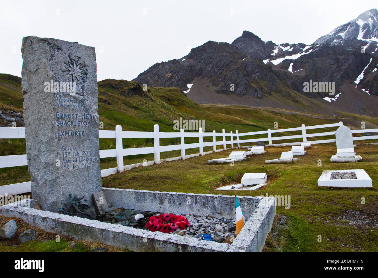 The grave of explorer Sir Ernest Shackleton at the Grytviken whaler's cemetery, South Georgia Island. Stock Photo