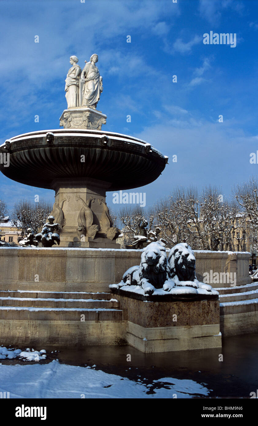 Winter in Provence, Fontaine de la Rotonde Monumental or Street Fountain & Lions, Aix-en-Provence, Covered in Snow, Aix en Provence, France Stock Photo