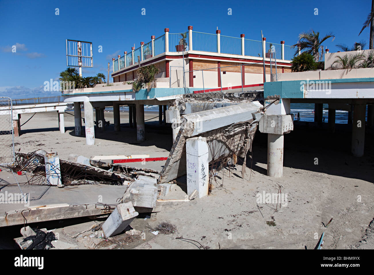 Hurricane damage to concrete pier Galveston Texas USA Stock Photo