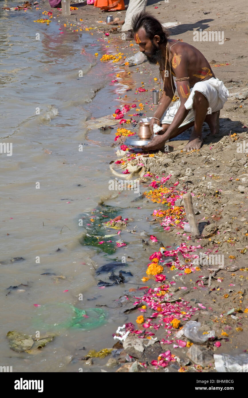 India man making the ritual puja (offering to the river). Ganges river. Allahabad. India Stock Photo