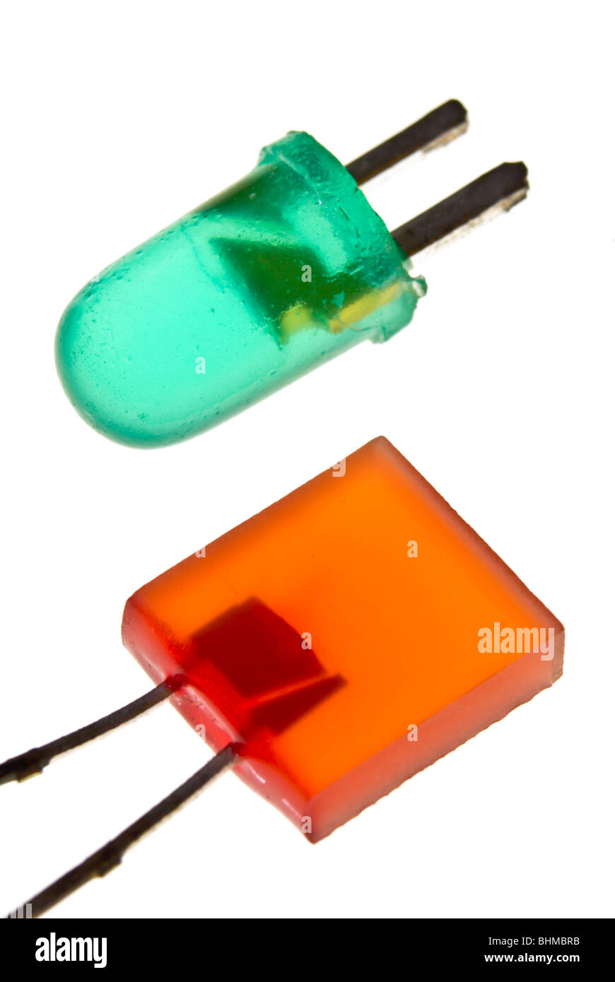 Red and Green Light Emitting Diodes on white Stock Photo