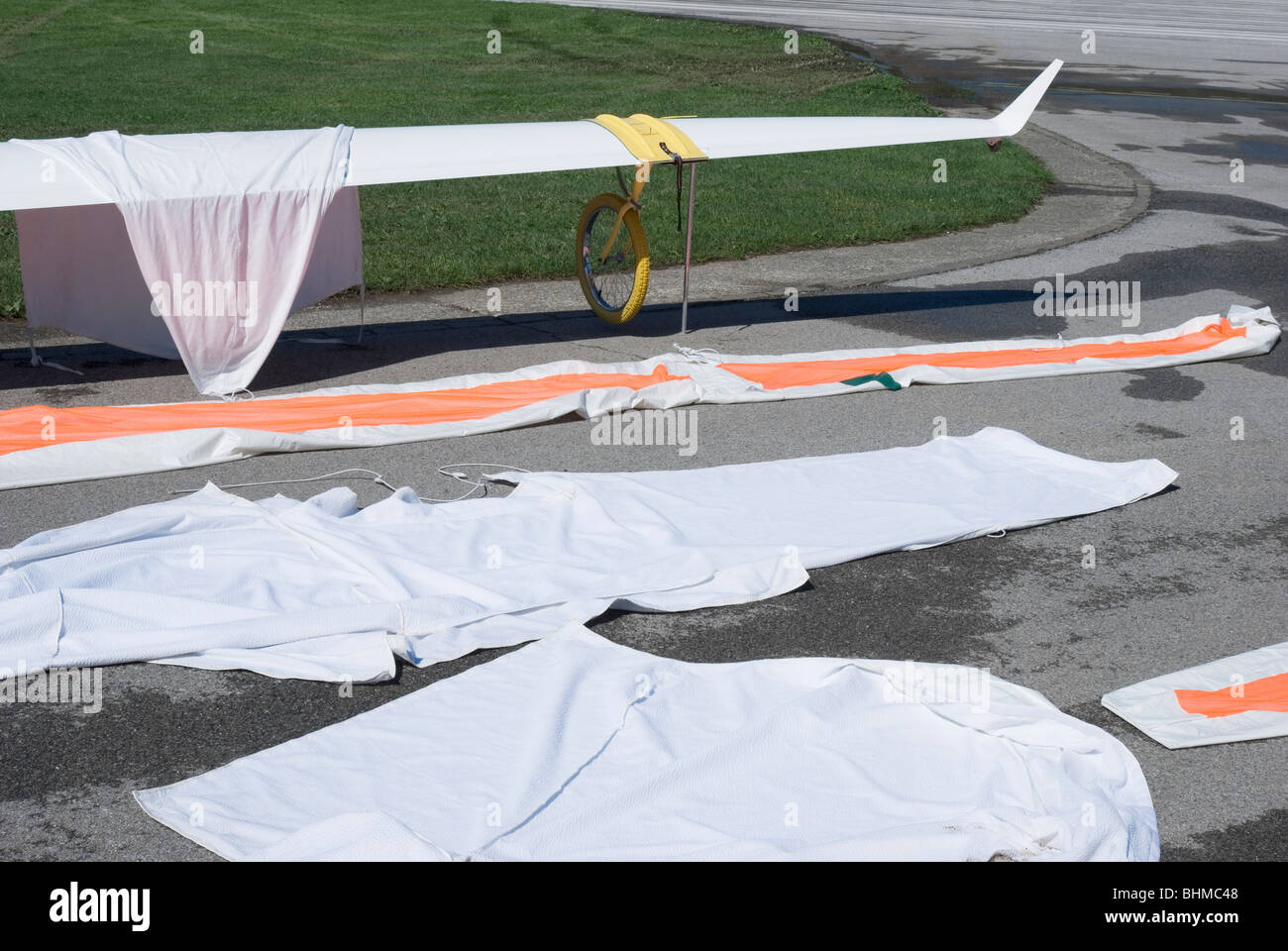 wing covers for glider on airfield ground Stock Photo