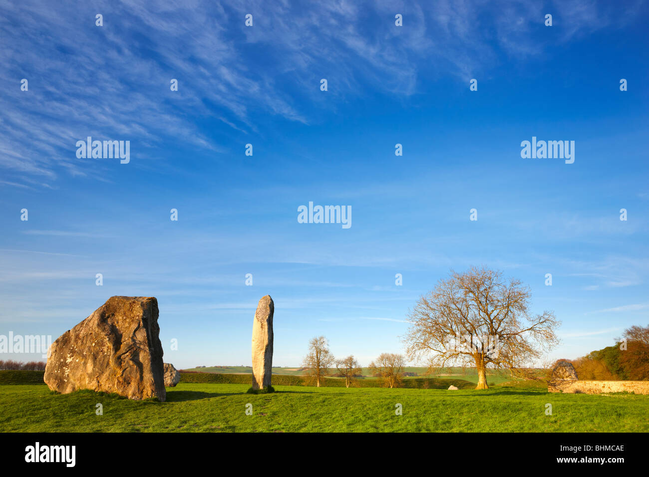 Ancient stone circle in the heart of the village of Avesbury, Wiltshire Stock Photo