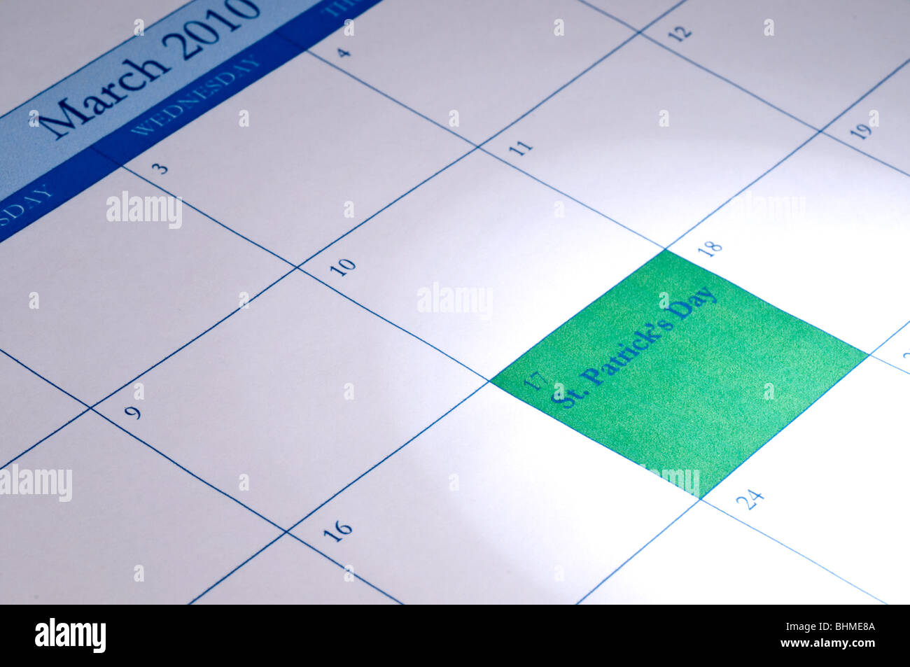 March 2010 calendar with March 17 highlighted in green for St. Patrick's Day Stock Photo