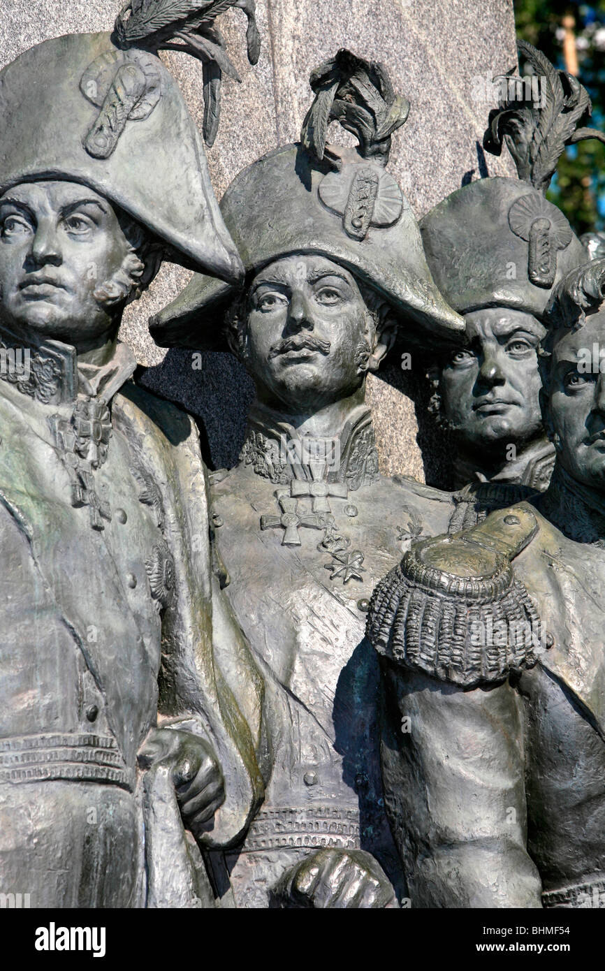 Generals Nikolay Raevsky, Alexander Kutaisov and Aleksey Yermolov on a monument to the heroes of the Battle of Borodino (1812) in Moscow, Russia Stock Photo