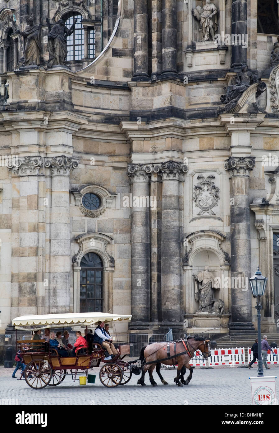 A Horse Drawn tram in front of the Cathedral, Dresden, Germany Stock Photo