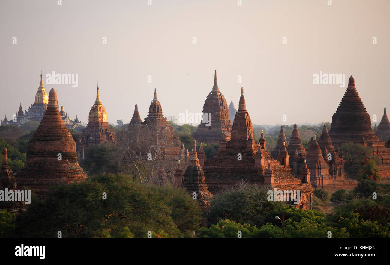 Myanmar, Burma, Bagan, general aerial panoramic view, temples, Stock Photo