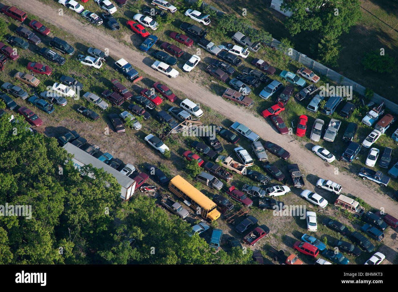 Aerial view of Auto Junk yard near Manistee Michigan USA, by Jeff