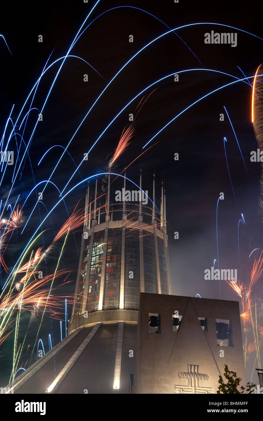 Liverpool Metropolitan Cathedral of Christ The King with Firework celebrations at night Stock Photo