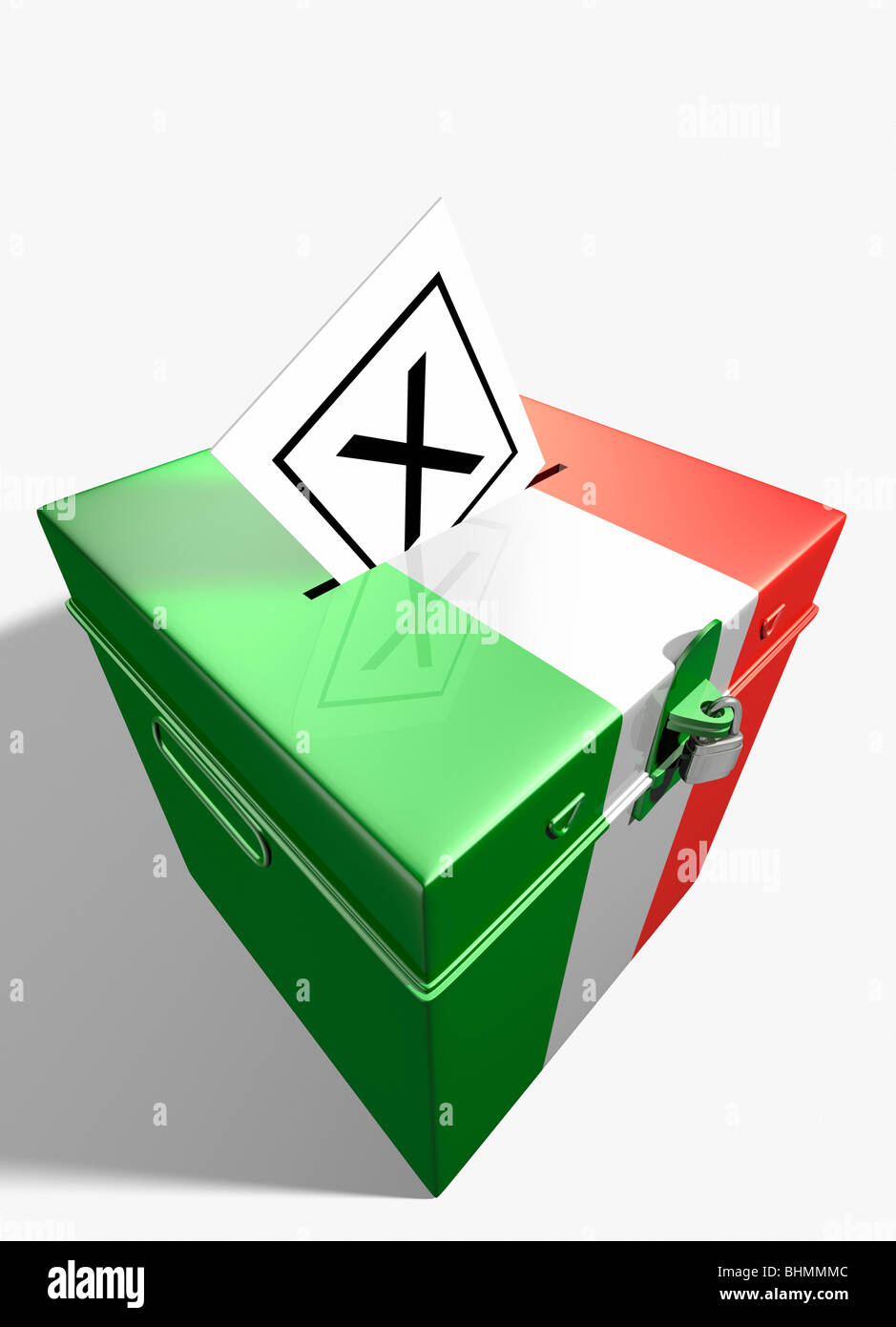 Italian flag ballot box with X voting slip in hole in lid Stock Photo