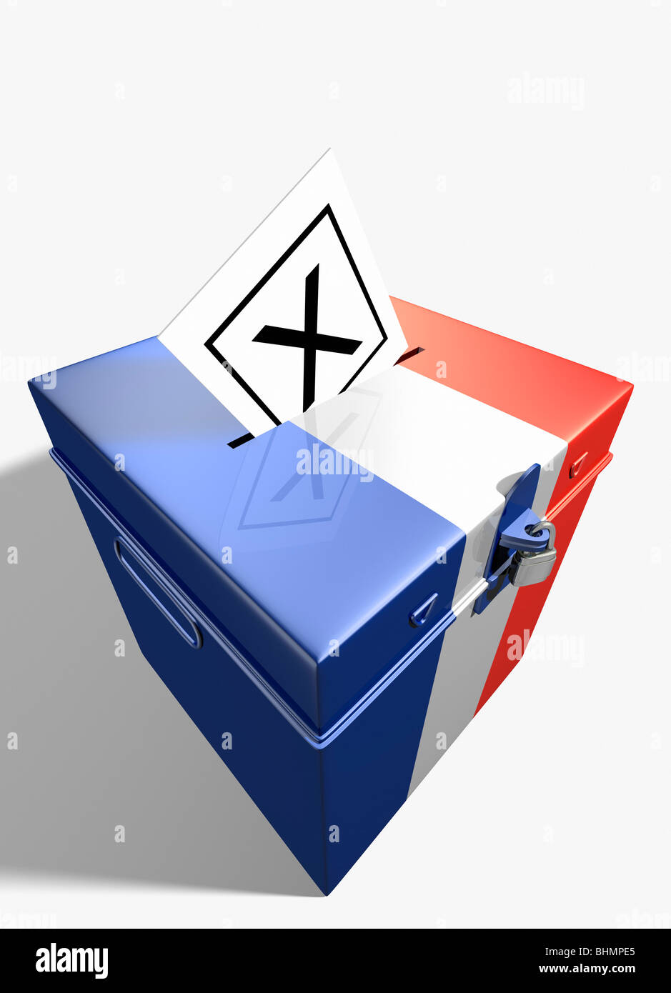 French flag ballot box with X voting slip in hole in lid Stock Photo