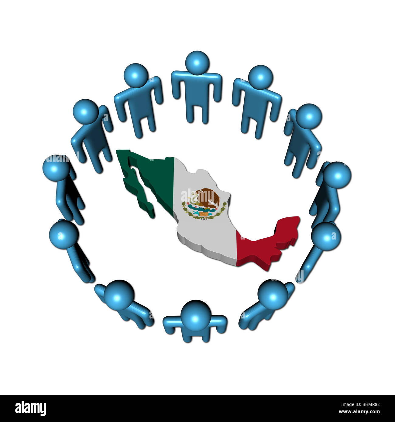 Circle of abstract people around Mexico map flag illustration Stock Photo