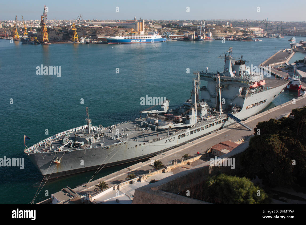 The Royal Fleet Auxiliary naval resupply ship Wave Ruler in Malta's Grand Harbour Stock Photo