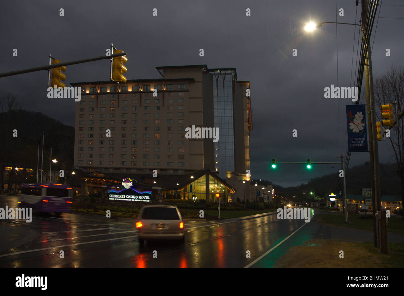 Harrah's Cherokee Casino, Cherokee, North Carolina, on a rainy night Stock Photo