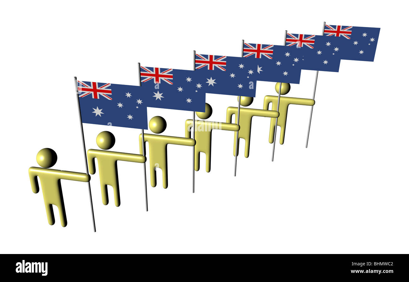 line of 3d abstract men holding Australian flags illustration Stock ...
