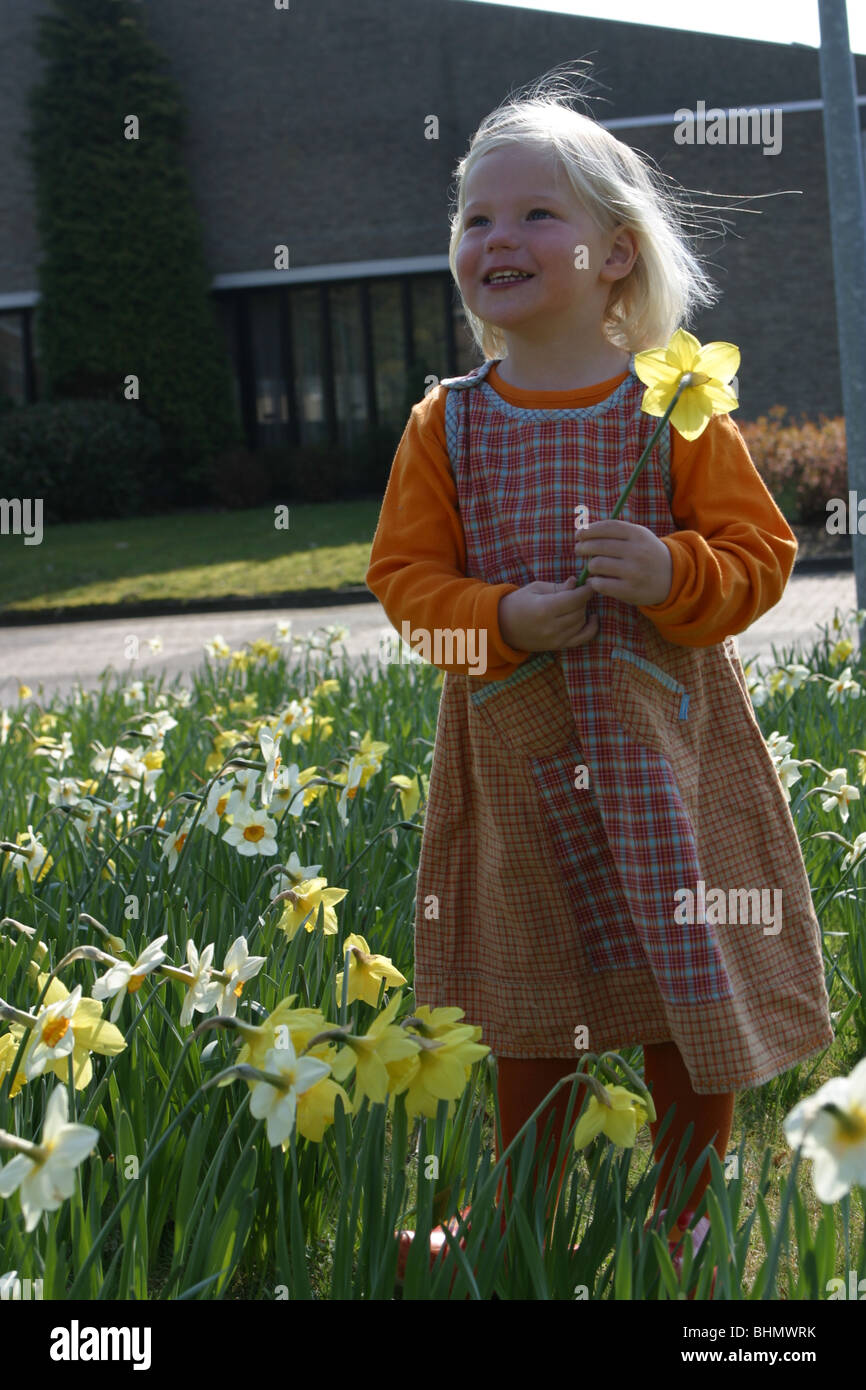 Young child, toddller girl holding narcissus in one hand standing outside in daffodil field springtime, smile, full body shot. Stock Photo