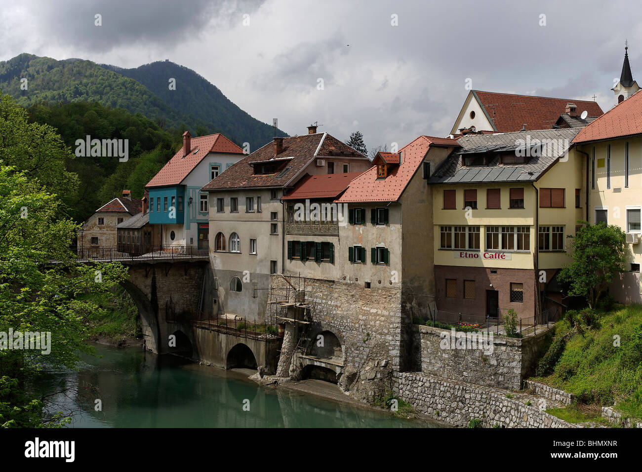 Skofja Loka,old town houses,Capuchin Bridge,Selscica river,Slovenia ...