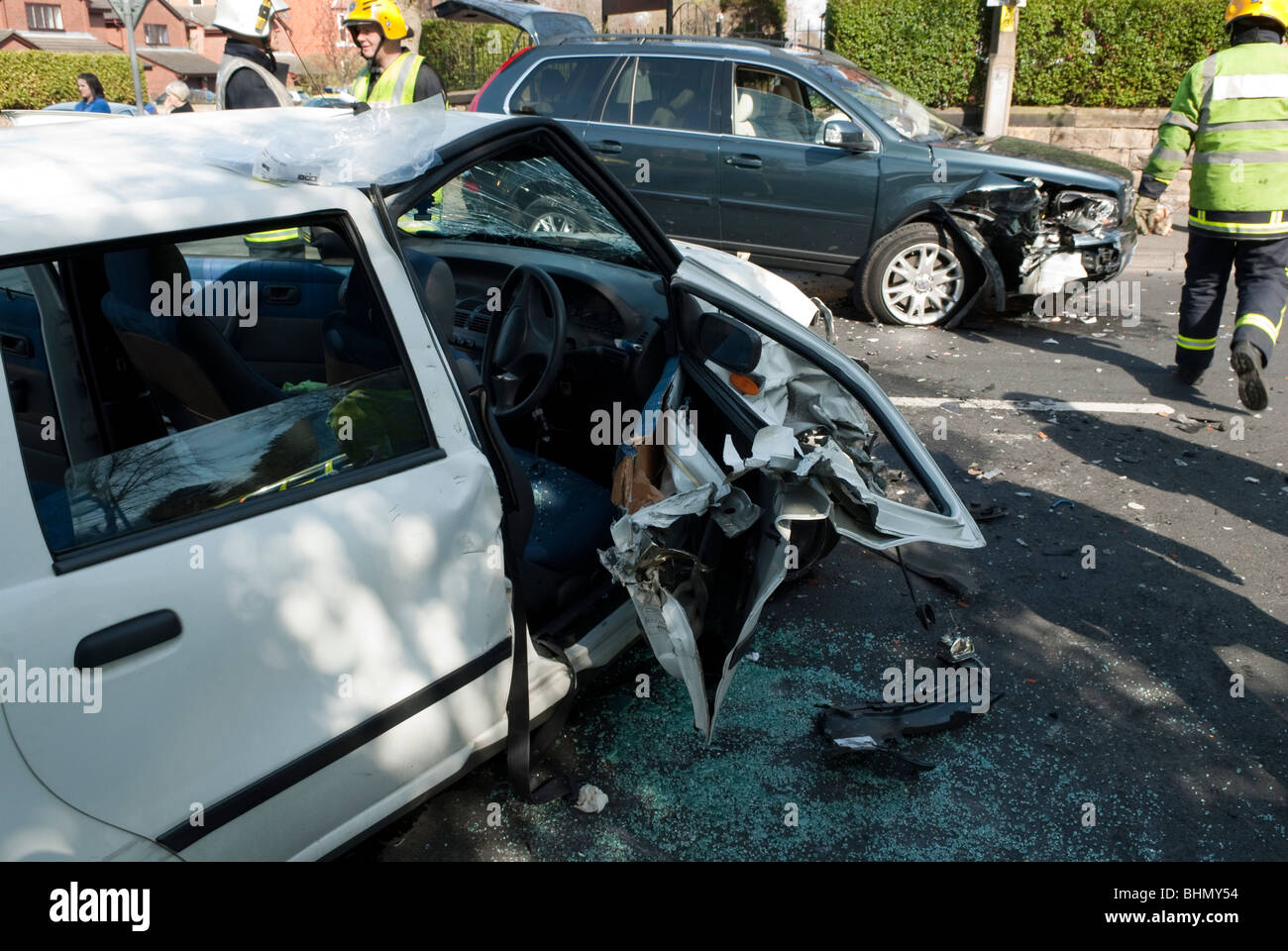 Two cars crushed at RTC collision Stock Photo