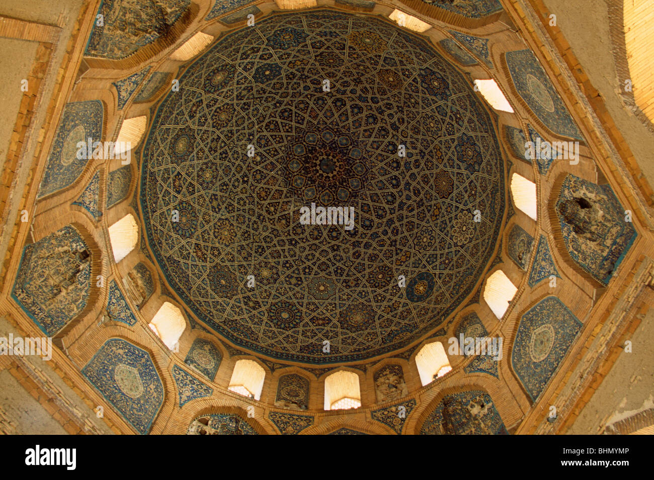 Detailed tile works on the vaulted ceiling inside Torebeg Khanym Mausoleum, Konye-Urgench, Turkmenistan Stock Photo