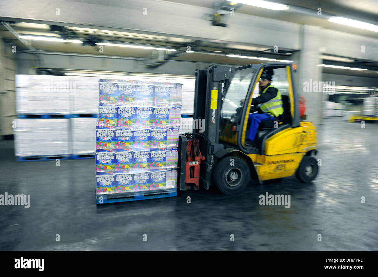 Henkel AG & Co. KGaA in Duesseldorf, germany. The warehouse with washing powder. Stock Photo