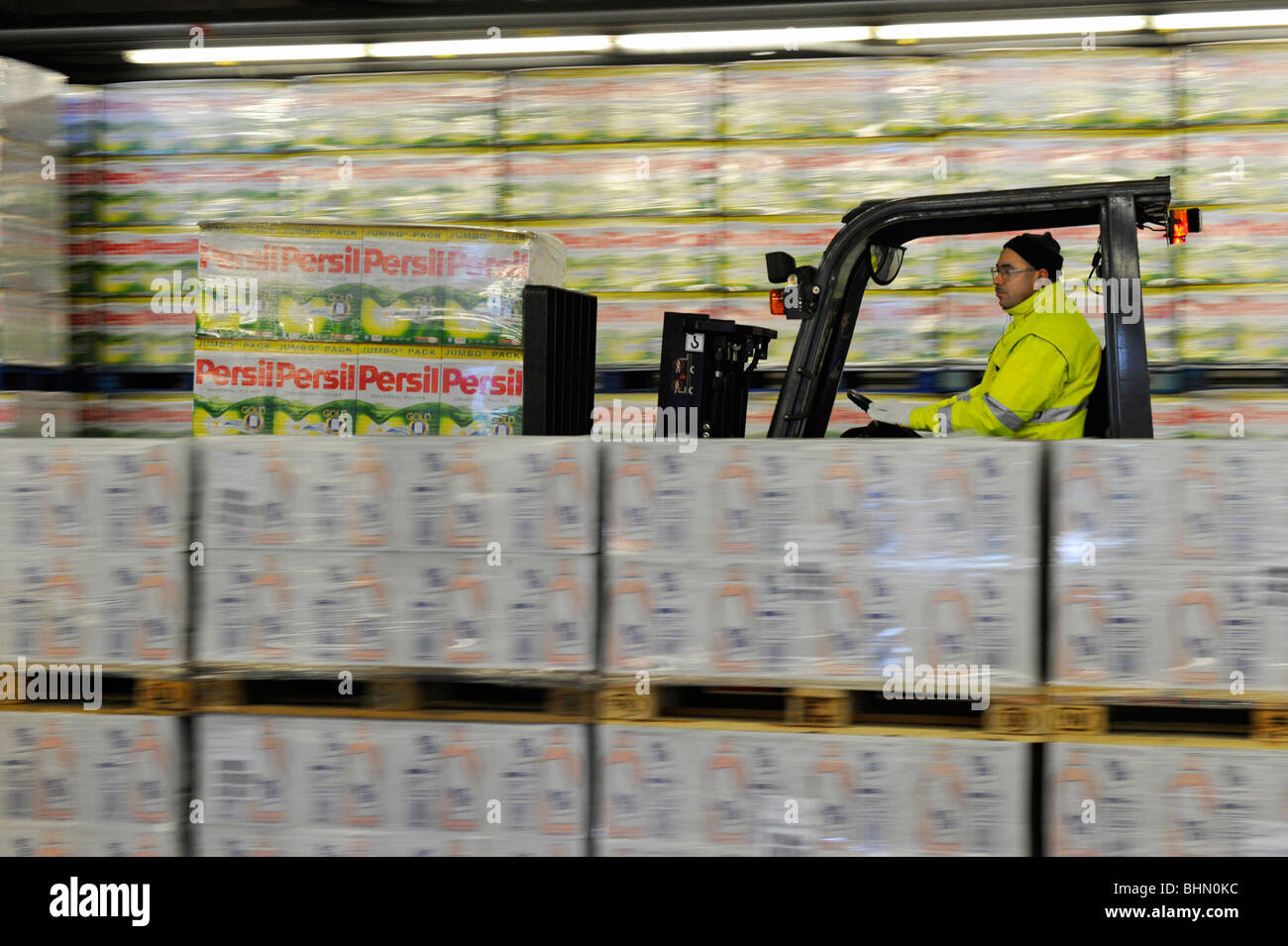 Henkel AG & Co. KGaA in Duesseldorf, germany. The warehouse with washing powder. Stock Photo