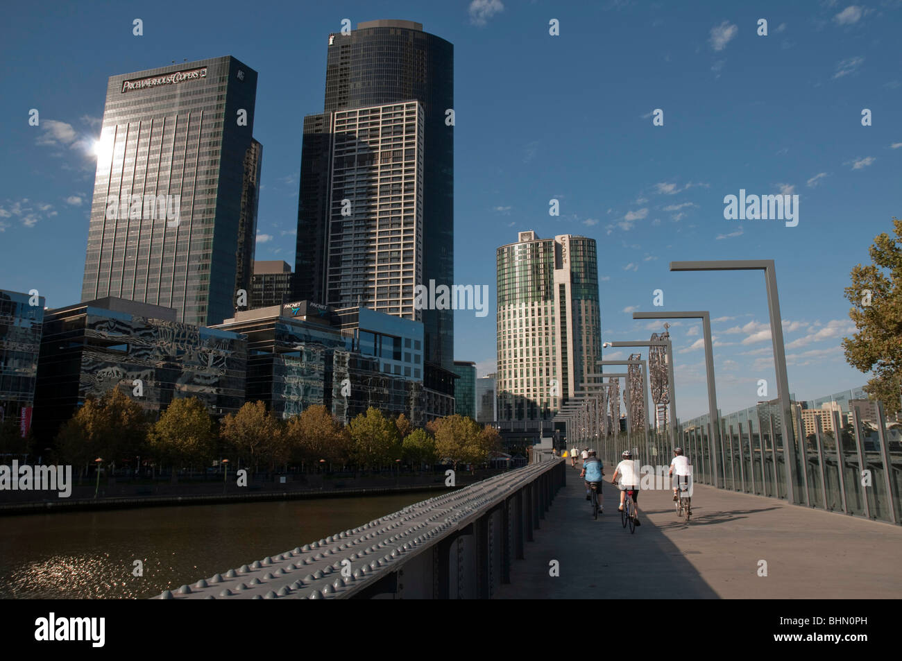 Skyline of Docklands along the Yarra River in Melbourne Stock Photo