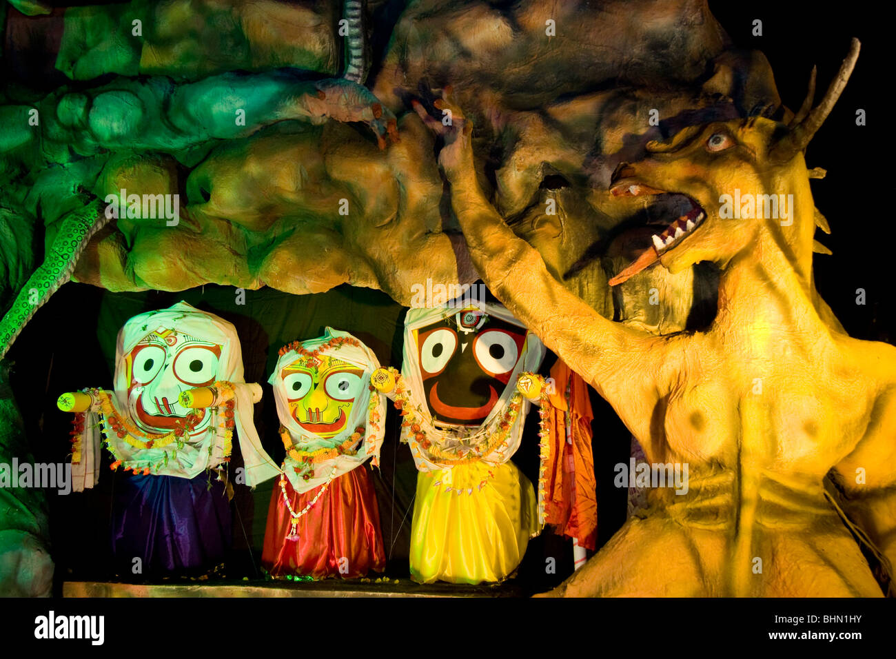 A tented pavilion presenting local deity Jagannath and his siblings has been set up during Ganpati in Puri, Orissa, India Stock Photo