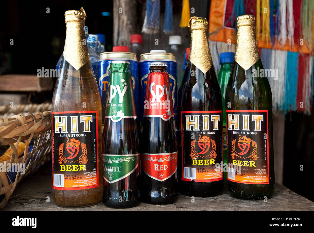 Beer and wine bottles on sale at a hut on a hiking trail in Sikkim