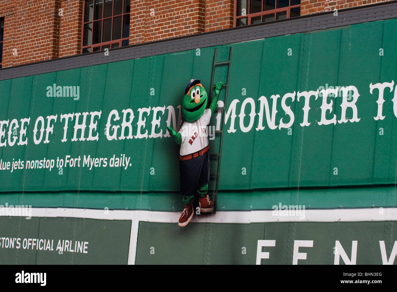 Wally the Red Sox Mascot on the side of the Equipment Truck at Fenway Park. Truck Day 2010. Stock Photo